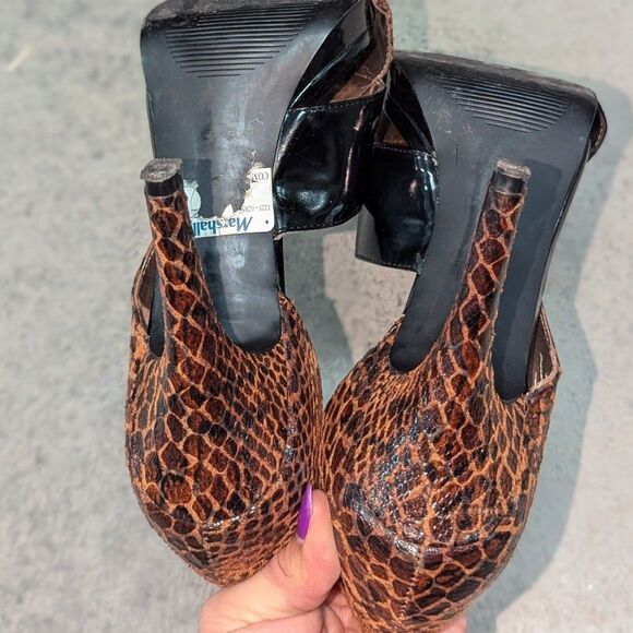 Carlos Santana Size 7.5M Twirl Leopard Print Strappy Brown Faux Suede Heels - Picture 4 of 5